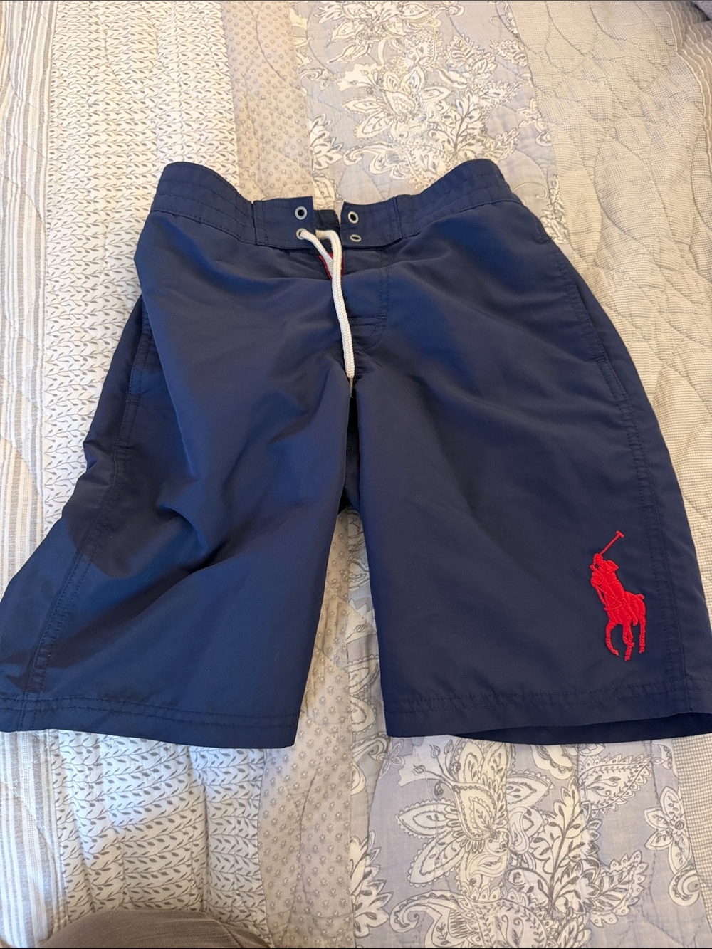 Ralph Lauren Polo Boys Navy Swim Trunks with Red Pony Logo